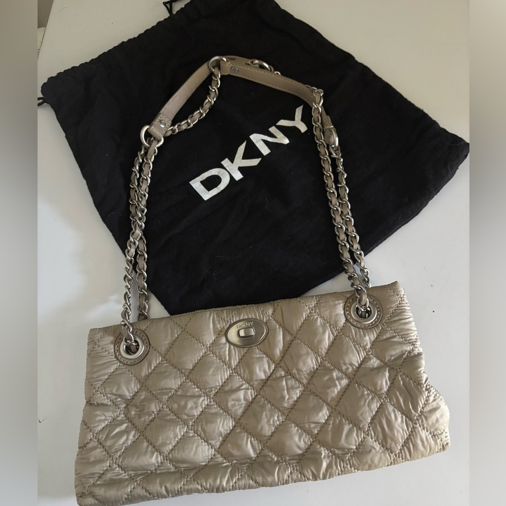 DKNY Quilted Chain-Handle Shoulder Bag in Metallic Taupe